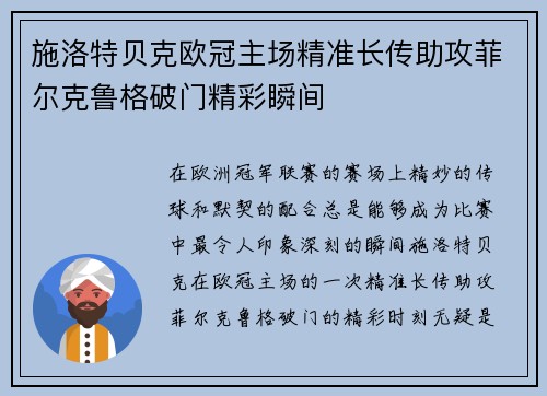 施洛特贝克欧冠主场精准长传助攻菲尔克鲁格破门精彩瞬间