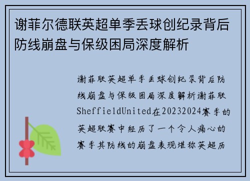 谢菲尔德联英超单季丢球创纪录背后防线崩盘与保级困局深度解析